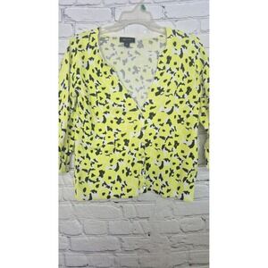AB Studio Womens Yellow Floral Poppy Button Front Cardigan Sweater Size L Cotton